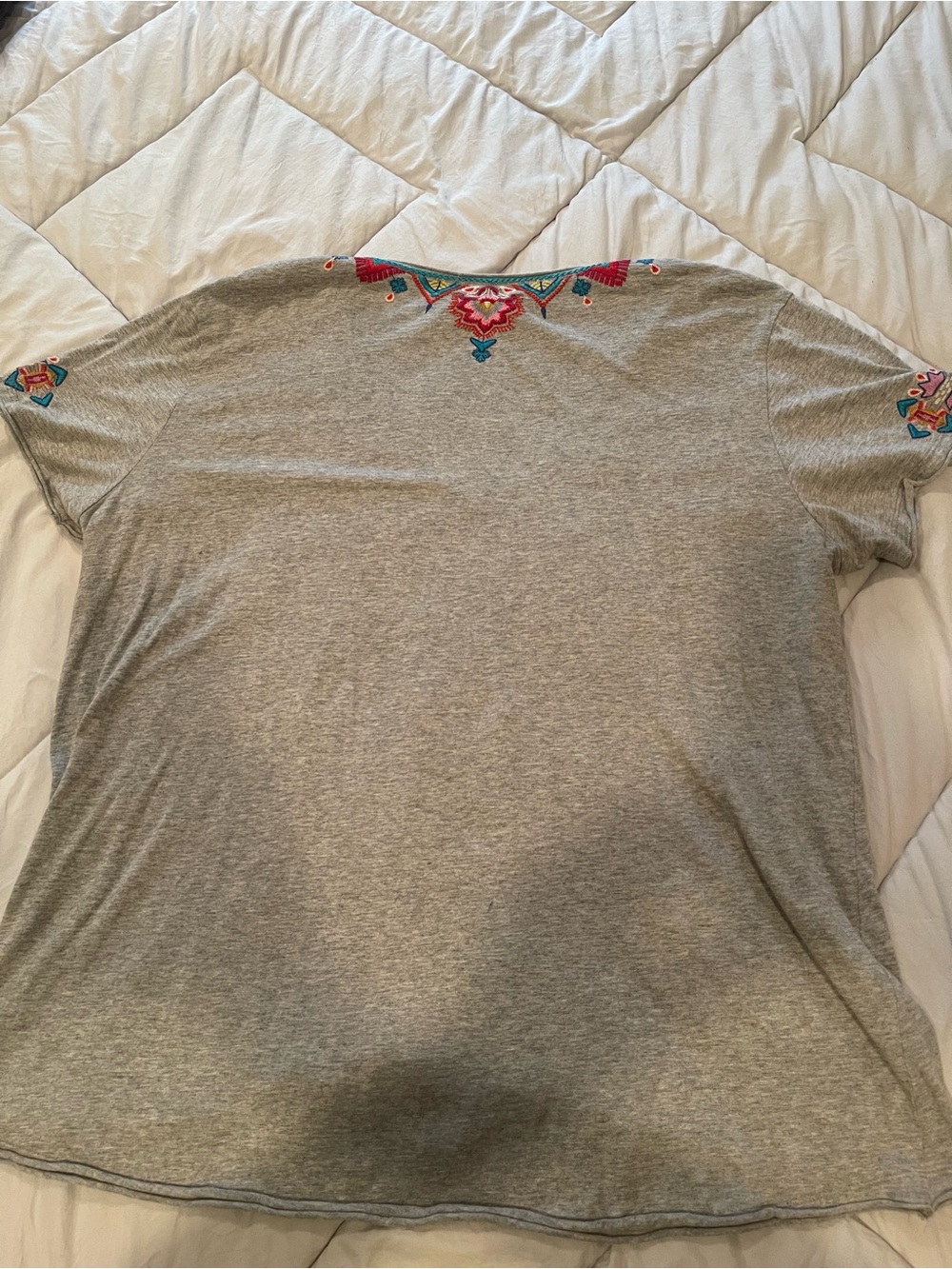 Johnny Was Gray Tee with Multicolor Embroidered Tribal V-Neck - Picture 5 of 6